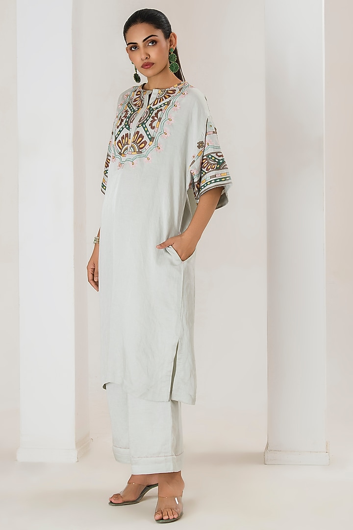 Mint Green Linen Satin Aari Embroidered Co-Ord Set by Saahiil Kapoor at Pernia's Pop Up Shop