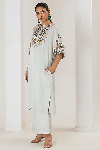 Mint Green Linen Satin Aari Embroidered Co-Ord Set by Saahiil Kapoor