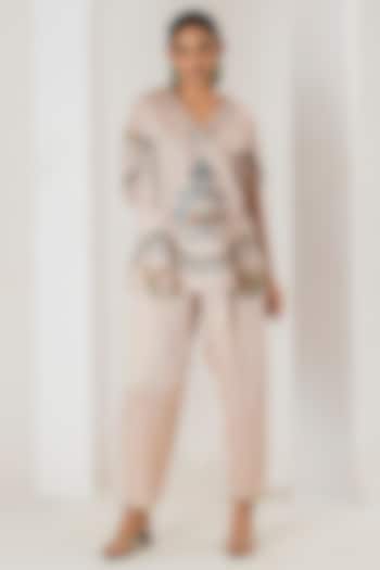 Beige Linen Satin Aari Embroidered Co-Ord Set by Saahiil Kapoor at Pernia's Pop Up Shop