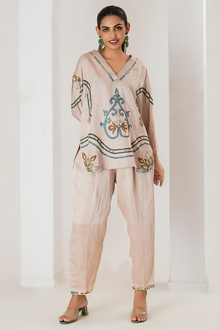 Beige Linen Satin Aari Embroidered Co-Ord Set by Saahiil Kapoor at Pernia's Pop Up Shop