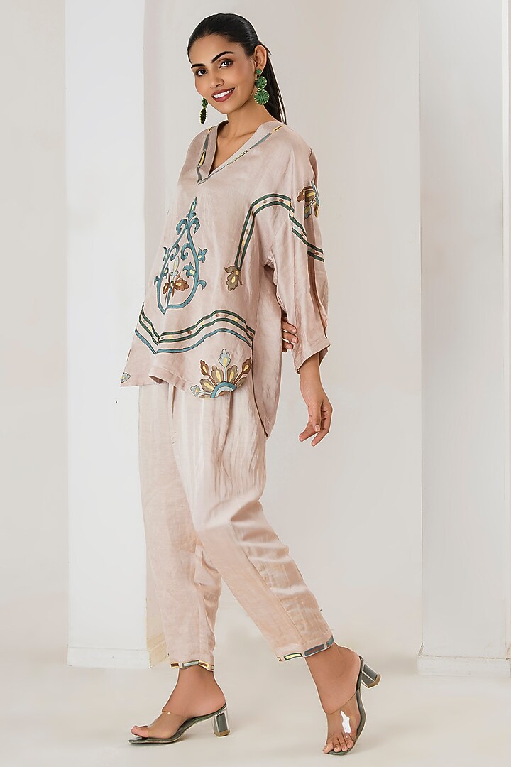 Beige Linen Satin Aari Embroidered Co-Ord Set by Saahiil Kapoor at Pernia's Pop Up Shop