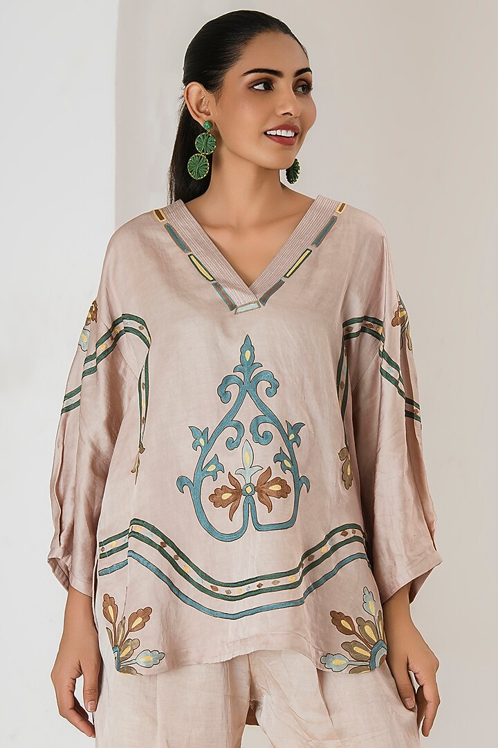 Beige Linen Satin Aari Embroidered Co-Ord Set by Saahiil Kapoor at Pernia's Pop Up Shop