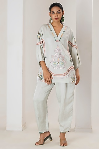 Mint Green Linen Satin Aari Embroidered Co-Ord Set by Saahiil Kapoor