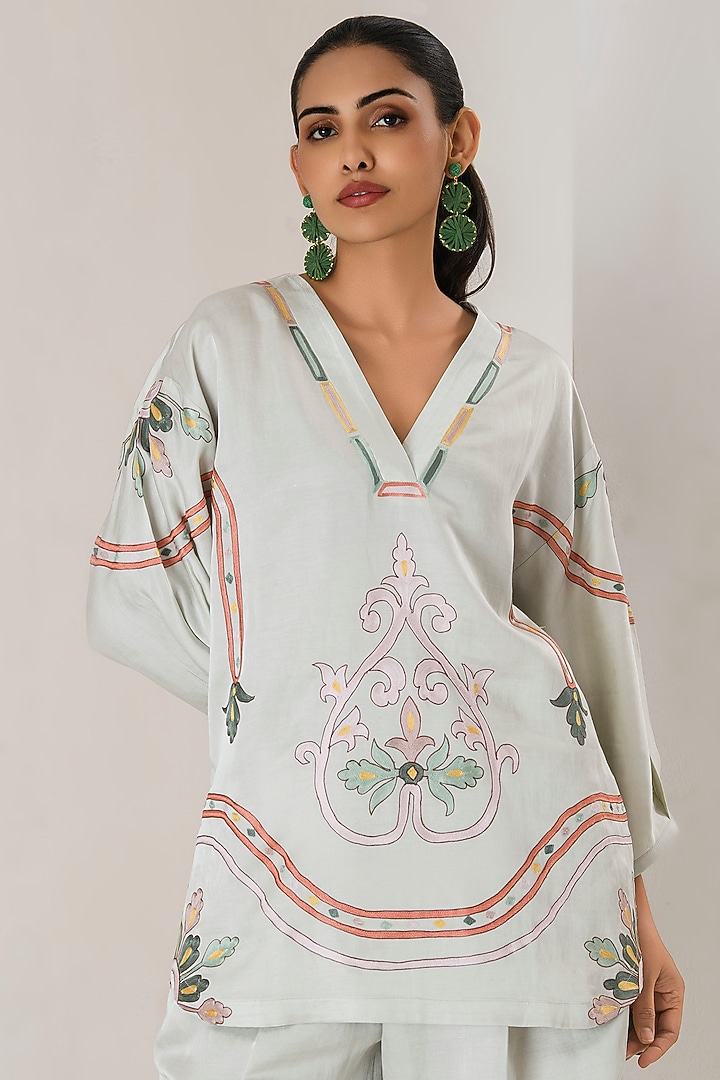 Mint Green Linen Satin Aari Embroidered Co-Ord Set by Saahiil Kapoor at Pernia's Pop Up Shop