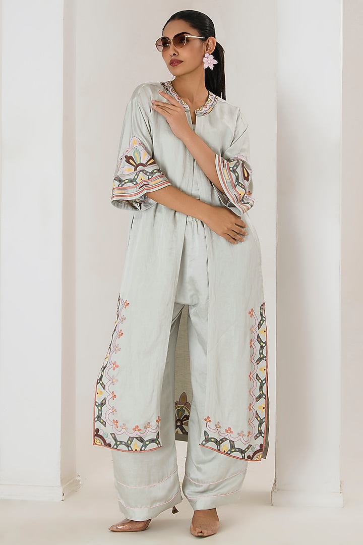 Mint Green Linen Satin Aari Embroidered Overlay Jacket Set by Saahiil Kapoor at Pernia's Pop Up Shop