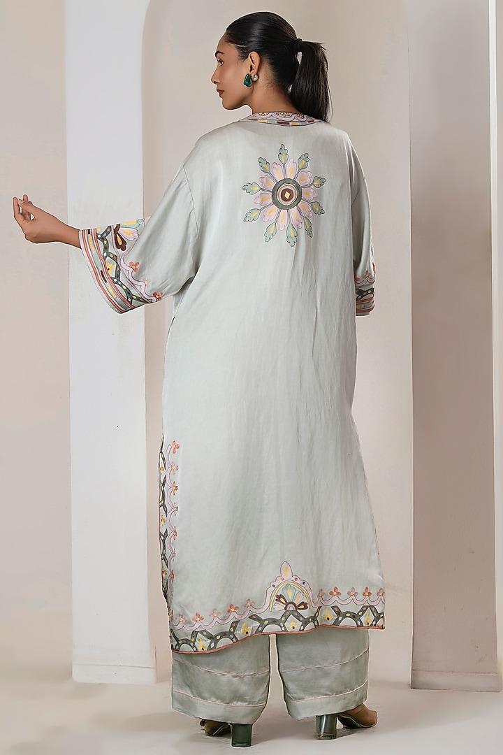 Mint Green Linen Satin Aari Embroidered Overlay Jacket Set by Saahiil Kapoor at Pernia's Pop Up Shop