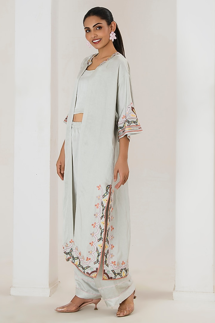 Mint Green Linen Satin Aari Embroidered Overlay Jacket Set by Saahiil Kapoor at Pernia's Pop Up Shop