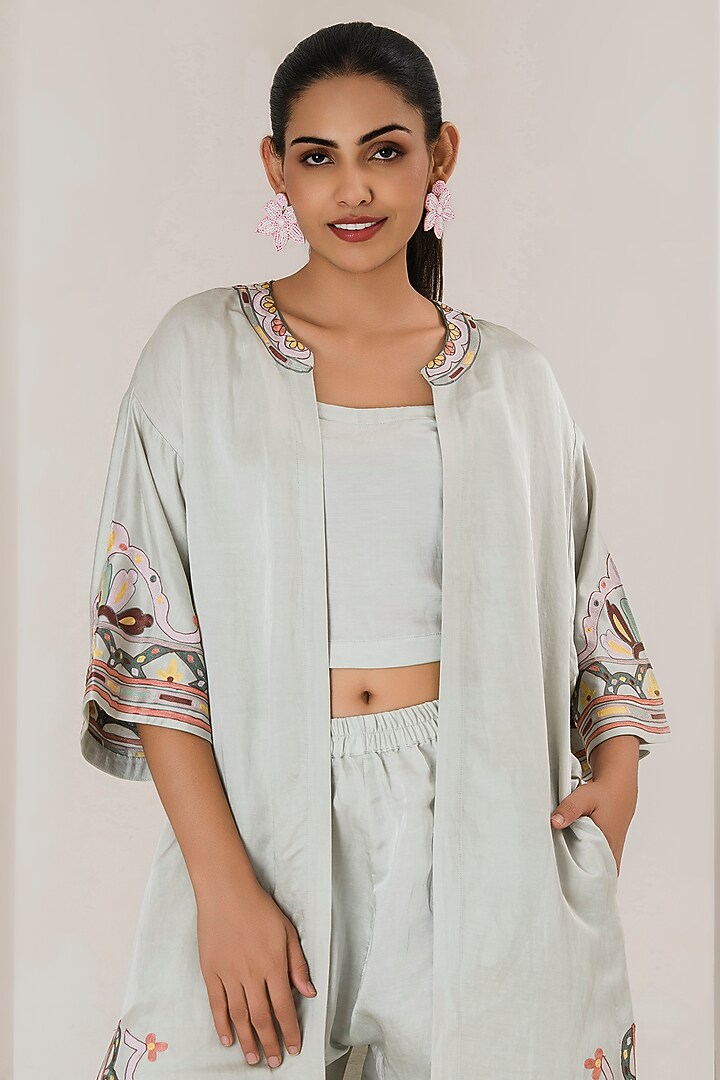 Mint Green Linen Satin Aari Embroidered Overlay Jacket Set by Saahiil Kapoor at Pernia's Pop Up Shop