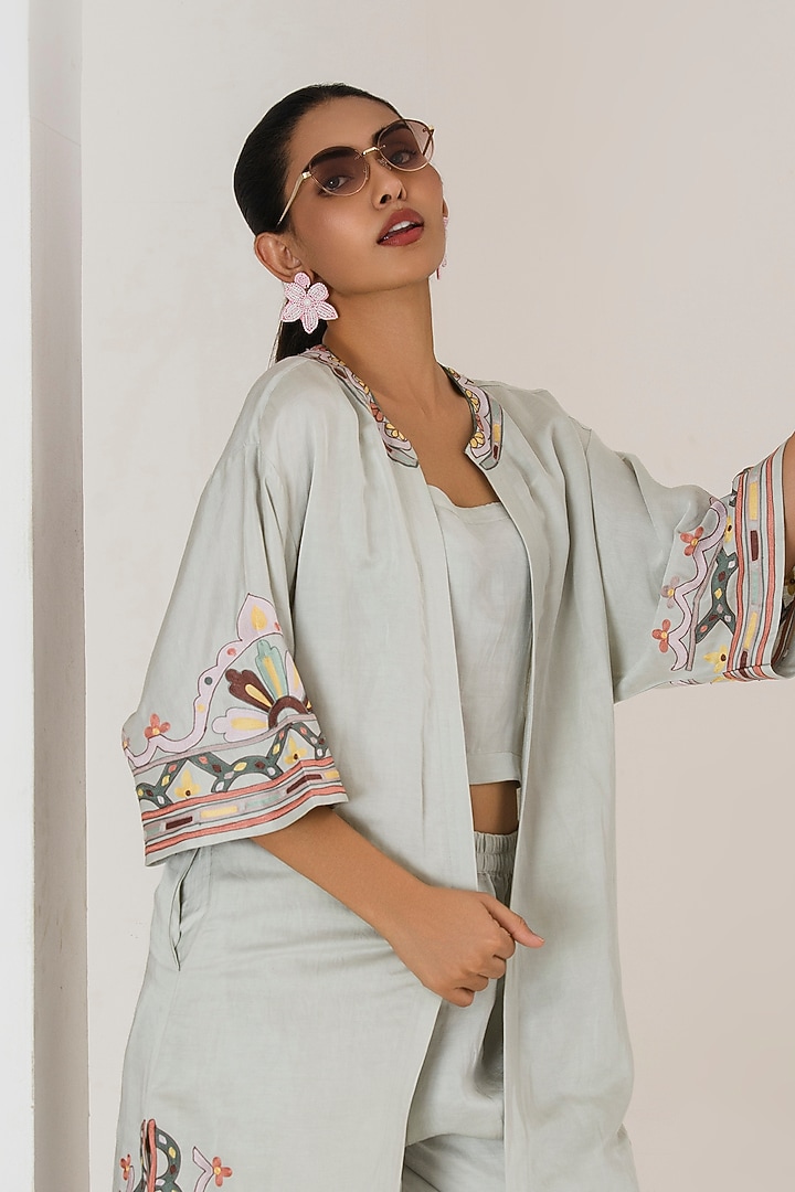 Mint Green Linen Satin Aari Embroidered Overlay Jacket Set by Saahiil Kapoor at Pernia's Pop Up Shop