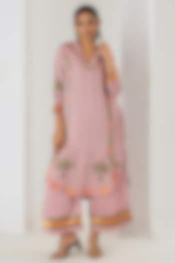 Pink Linen Satin Floral Embroidered Kurta Set by Saahiil Kapoor at Pernia's Pop Up Shop