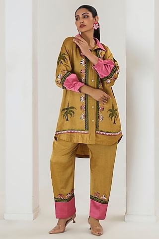 Mustard Linen Satin Floral Embroidered Kurta Set by Saahiil Kapoor