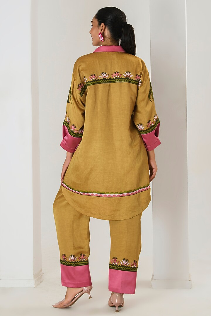 Mustard Linen Satin Floral Embroidered Kurta Set by Saahiil Kapoor at Pernia's Pop Up Shop