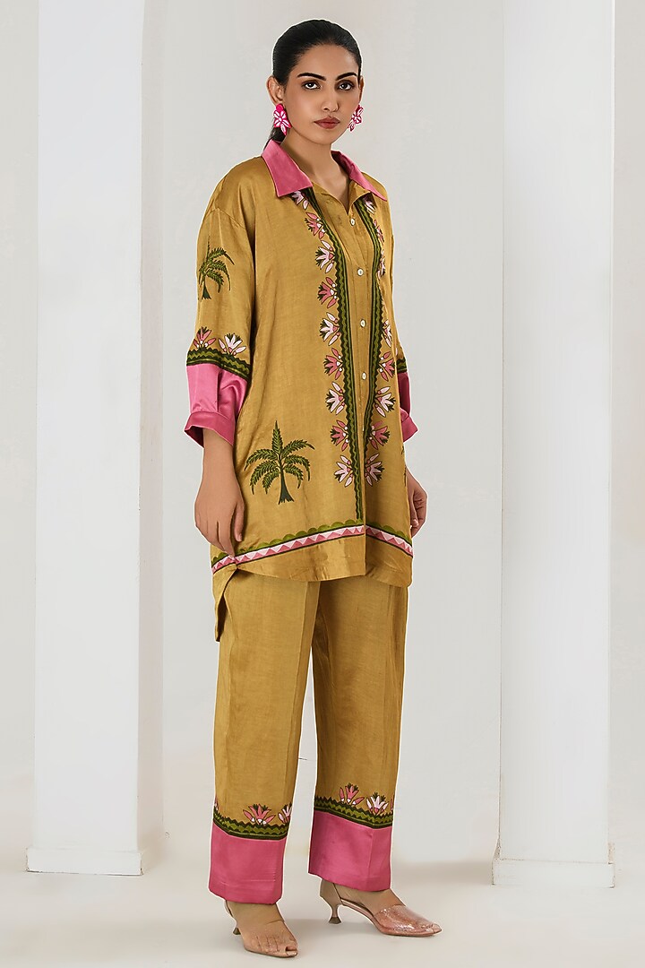 Mustard Linen Satin Floral Embroidered Kurta Set by Saahiil Kapoor at Pernia's Pop Up Shop