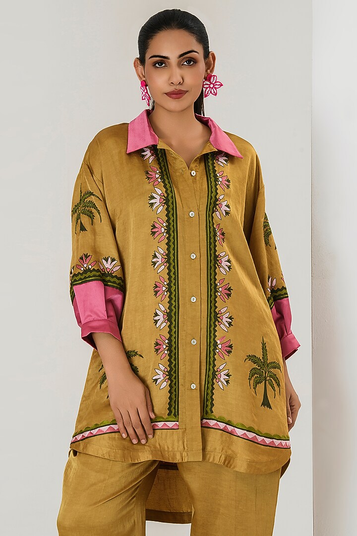 Mustard Linen Satin Floral Embroidered Kurta Set by Saahiil Kapoor at Pernia's Pop Up Shop