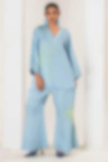 Blue Linen Satin Beads Work Short Kurta Set by Saahiil Kapoor at Pernia's Pop Up Shop