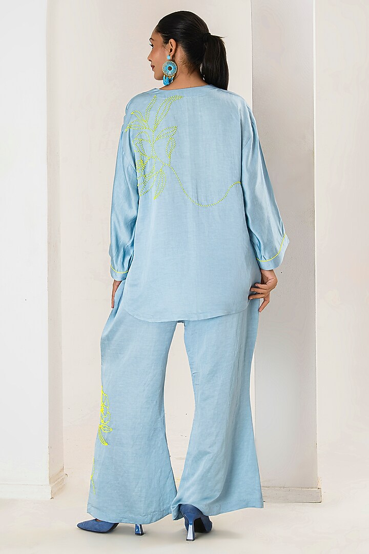 Blue Linen Satin Beads Work Short Kurta Set by Saahiil Kapoor at Pernia's Pop Up Shop