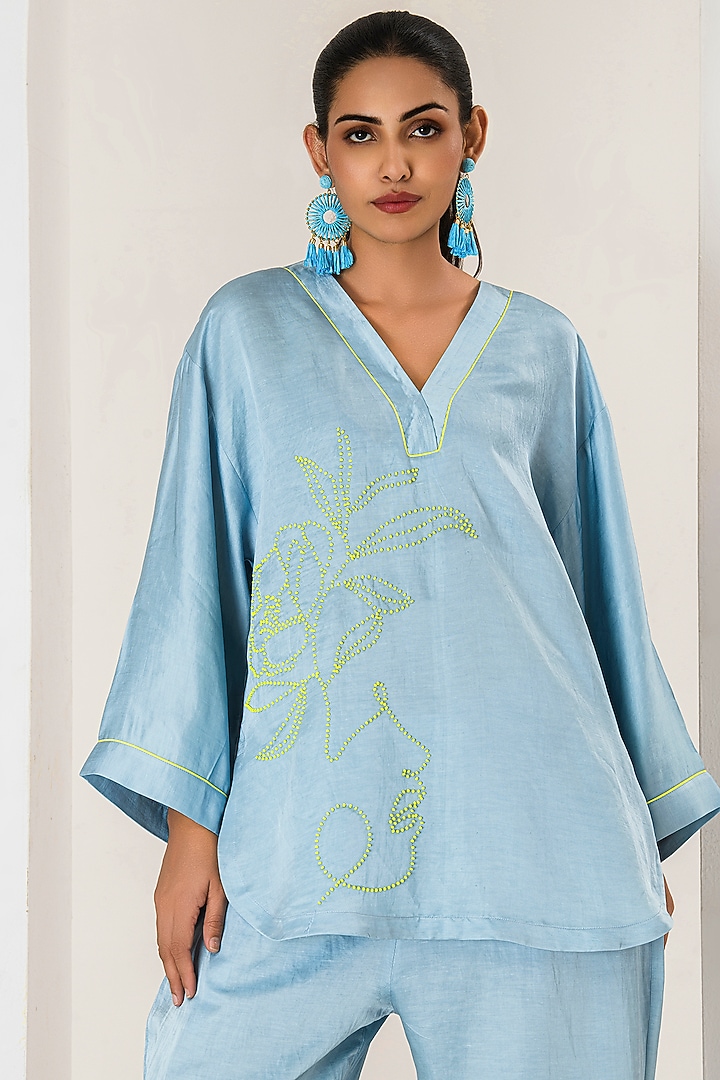Blue Linen Satin Beads Work Short Kurta Set by Saahiil Kapoor at Pernia's Pop Up Shop