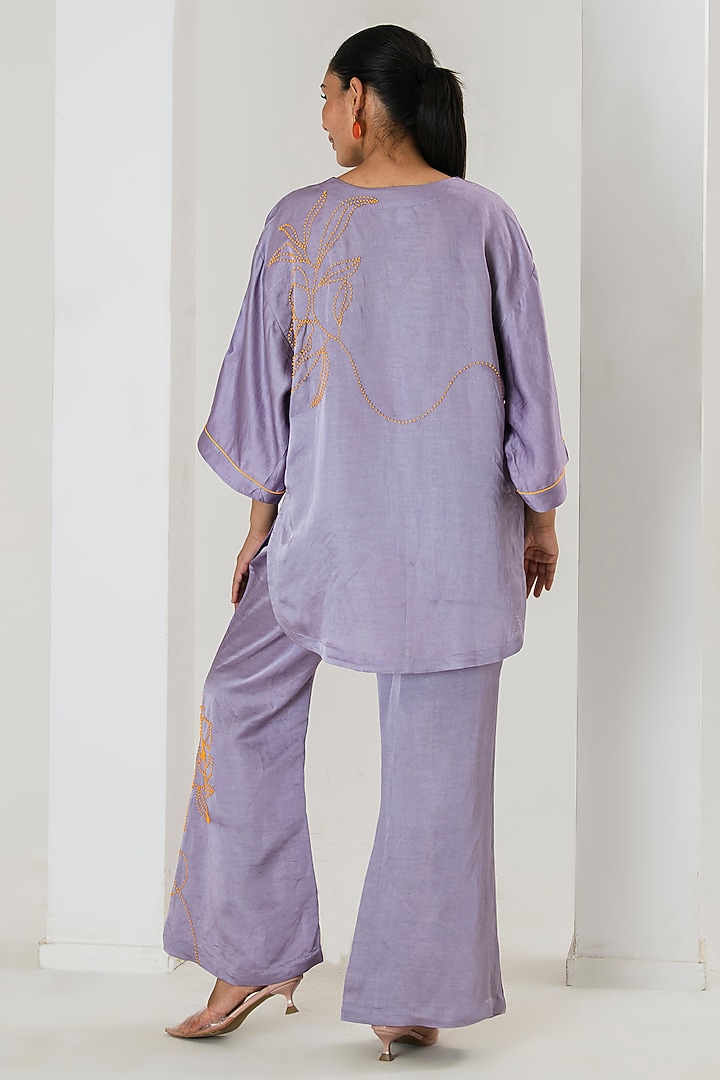 Purple Linen Satin Beads Work Short Kurta Set by Saahiil Kapoor at Pernia's Pop Up Shop