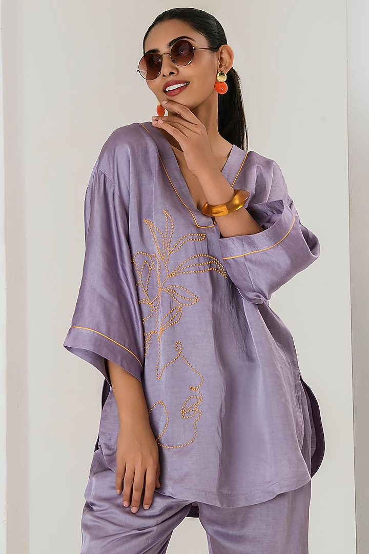 Purple Linen Satin Beads Work Short Kurta Set by Saahiil Kapoor at Pernia's Pop Up Shop