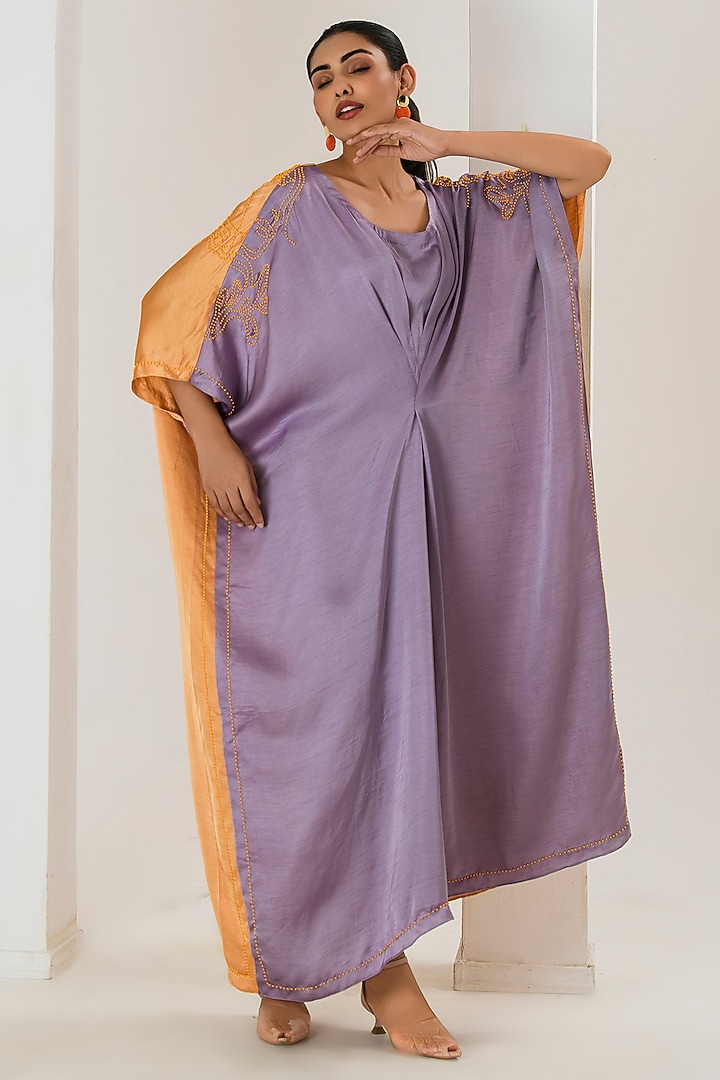 Lilac & Orange Silk Beads Work Color-Blocked Kaftan by Saahiil Kapoor at Pernia's Pop Up Shop