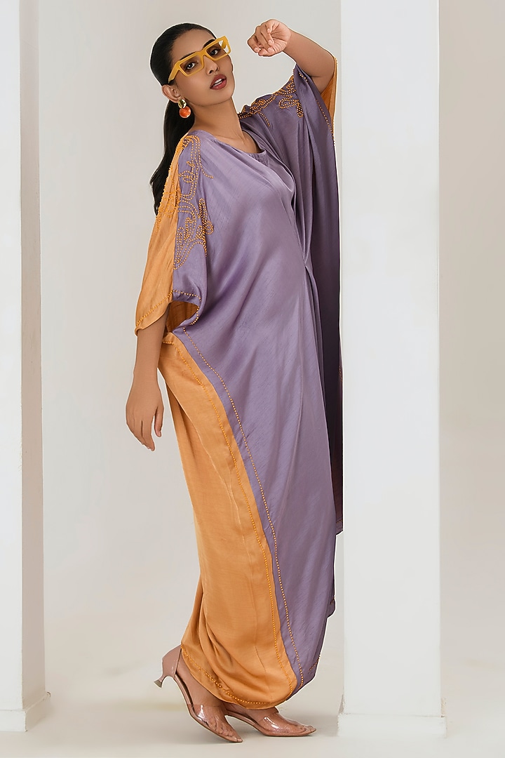 Lilac & Orange Silk Beads Work Color-Blocked Kaftan by Saahiil Kapoor at Pernia's Pop Up Shop