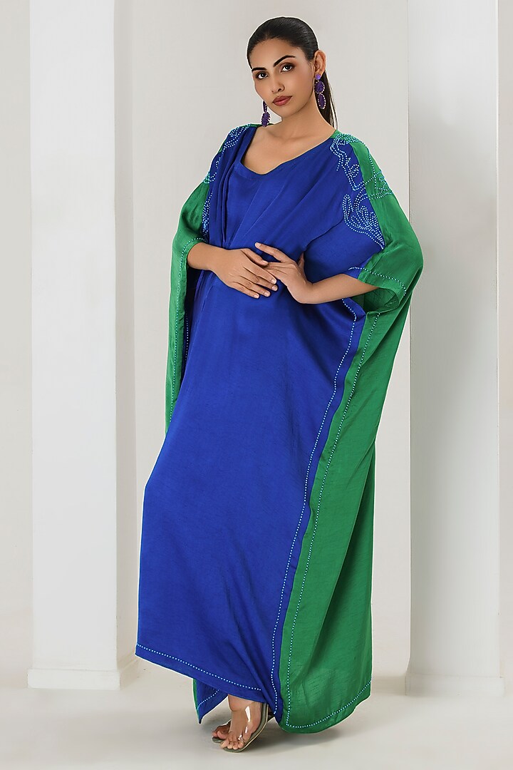 Blue & Green Silk Beads Work Color-Blocked Kaftan by Saahiil Kapoor at Pernia's Pop Up Shop