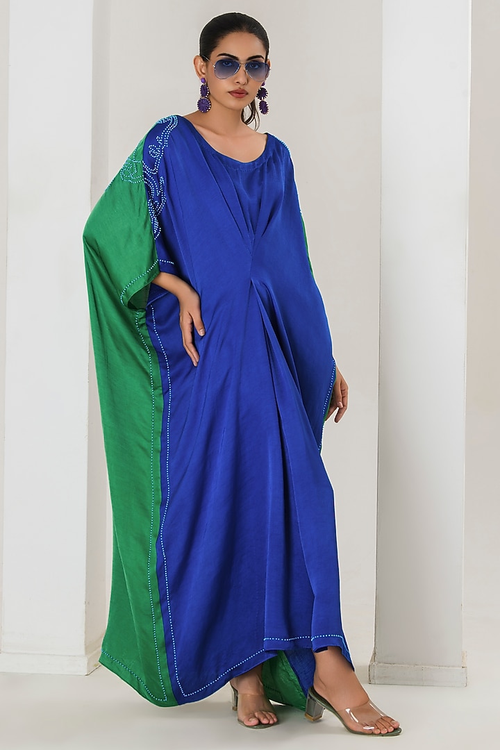 Blue & Green Silk Beads Work Color-Blocked Kaftan by Saahiil Kapoor at Pernia's Pop Up Shop