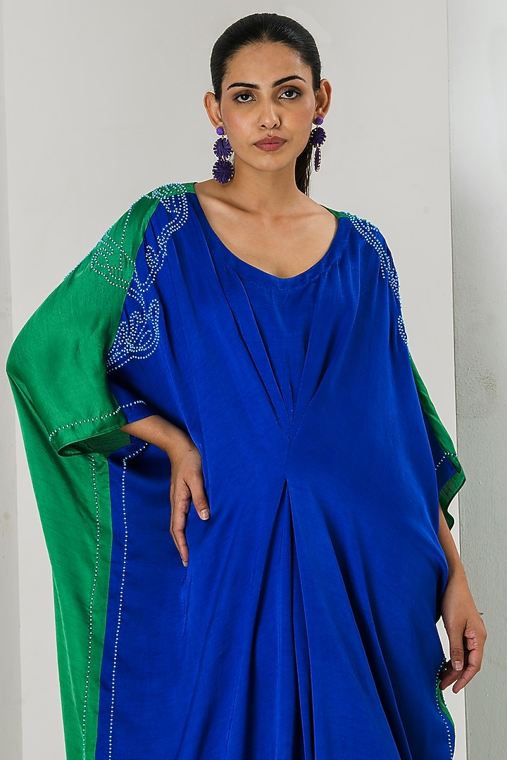 Blue & Green Silk Beads Work Color-Blocked Kaftan by Saahiil Kapoor at Pernia's Pop Up Shop
