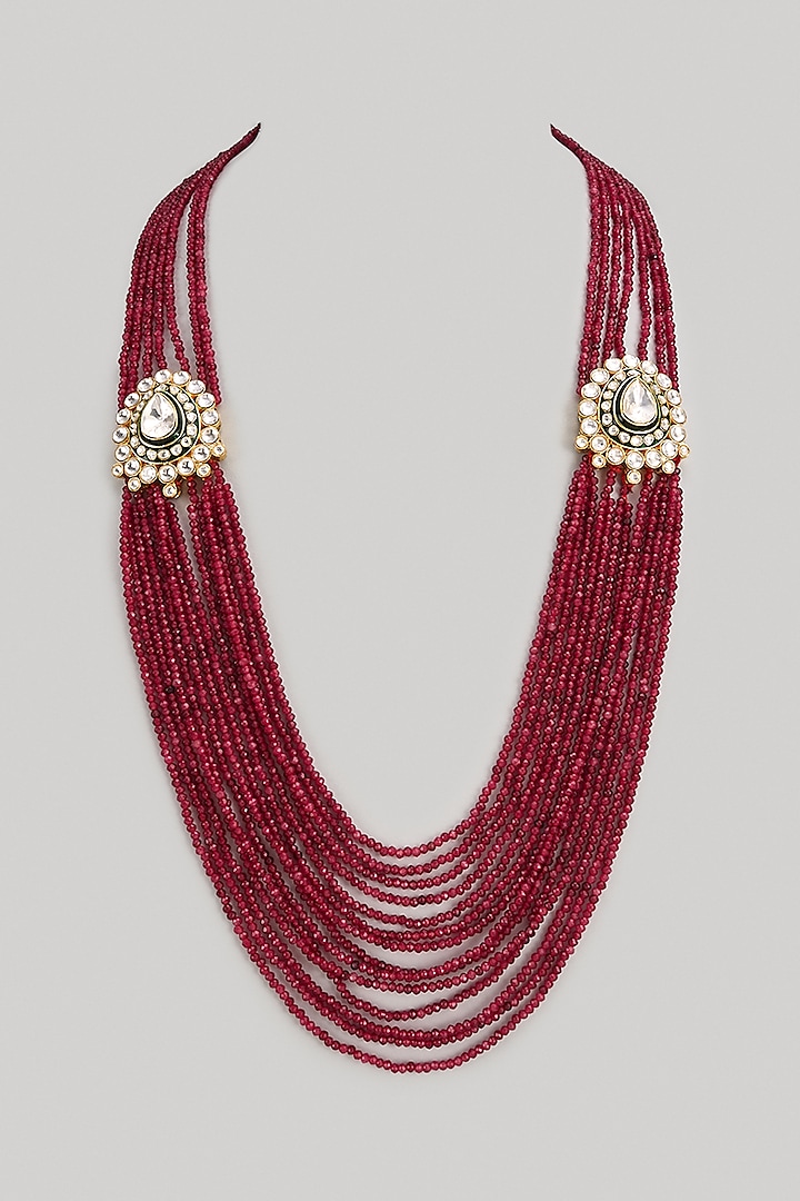 Gold Finish Kundan Polki & Ruby Beaded Long Necklace by Suhana art & jewels