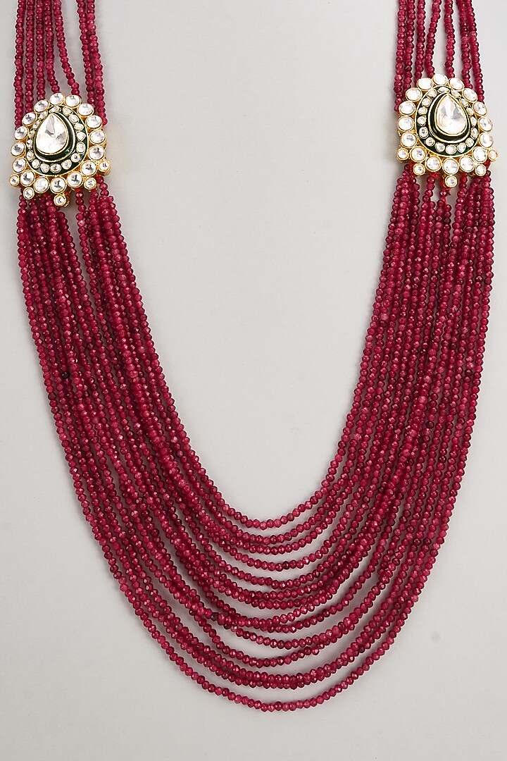 Gold Finish Kundan Polki & Ruby Beaded Long Necklace by Suhana art & jewels at Pernia's Pop Up Shop