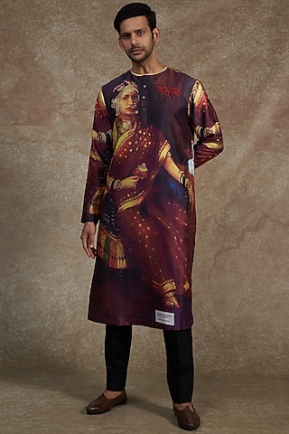 Maroon Silk Dupion Printed Kurta by Saksham and Neharicka Men