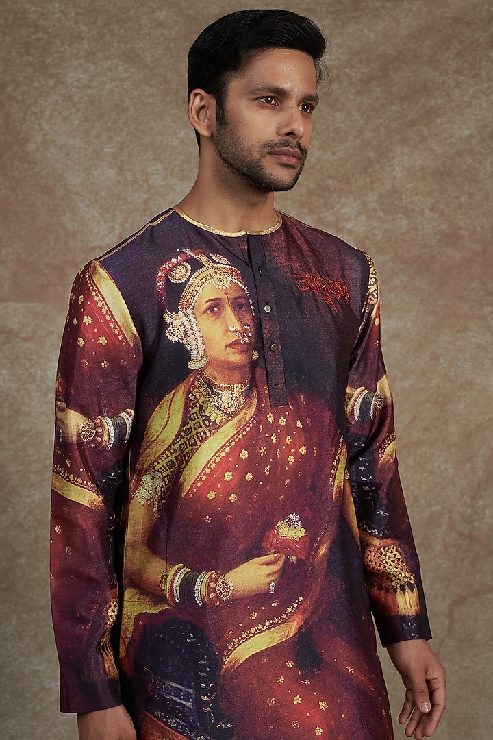 Maroon Silk Dupion Printed Kurta by Saksham and Neharicka Men at Pernia's Pop Up Shop