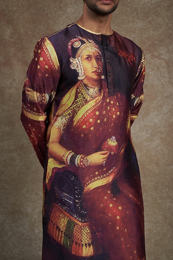 Maroon Silk Dupion Printed Kurta by Saksham and Neharicka Men at Pernia's Pop Up Shop