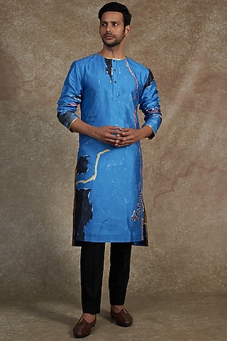 Blue Silk Dupion Printed Kurta by Saksham and Neharicka Men