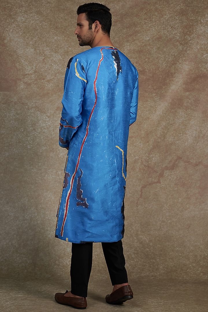 Blue Silk Dupion Printed Kurta by Saksham and Neharicka Men at Pernia's Pop Up Shop