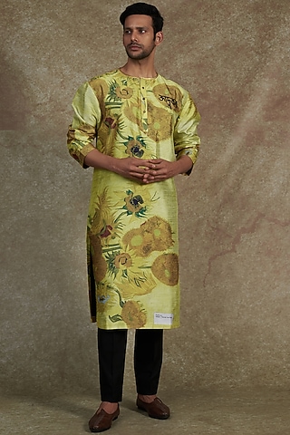 Lime Yellow Silk Dupion Printed & Embroidered Kurta by Saksham and Neharicka Men