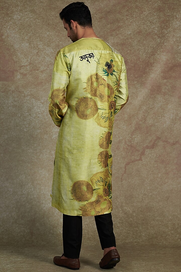 Lime Yellow Silk Dupion Printed & Embroidered Kurta by Saksham and Neharicka Men at Pernia's Pop Up Shop