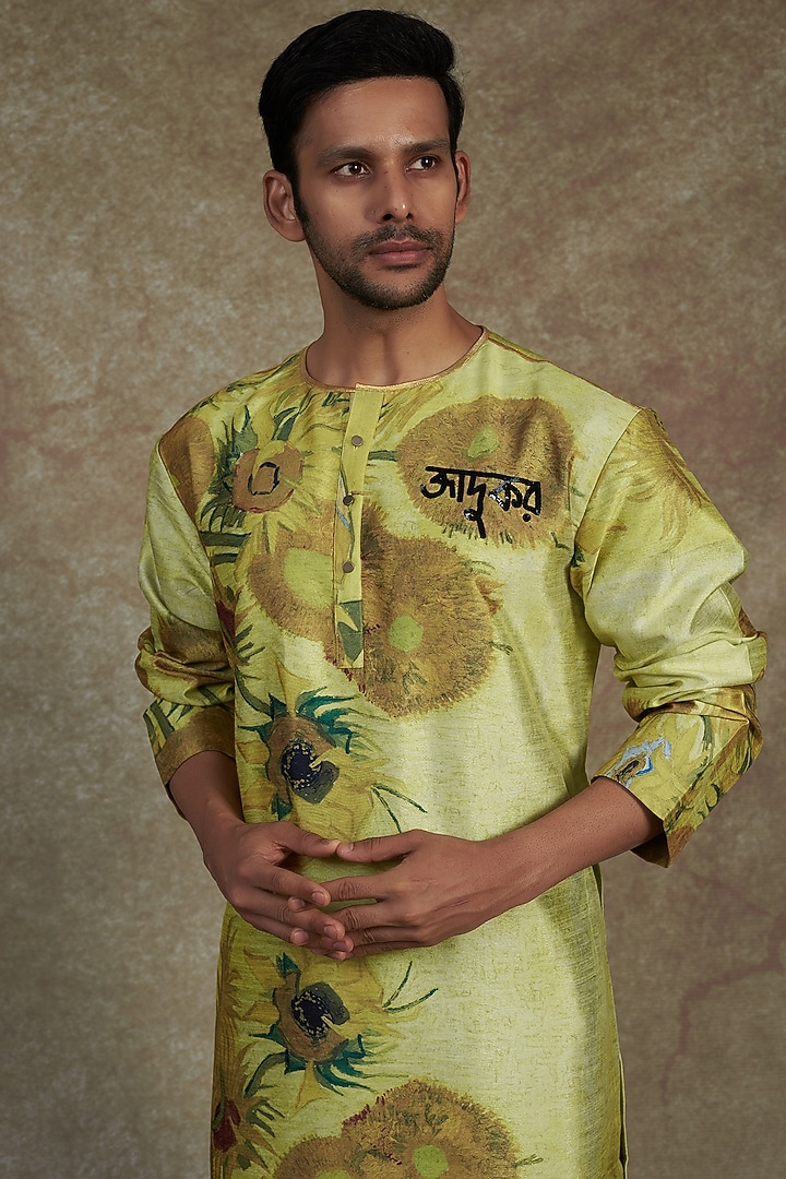 Lime Yellow Silk Dupion Printed & Embroidered Kurta by Saksham and Neharicka Men at Pernia's Pop Up Shop