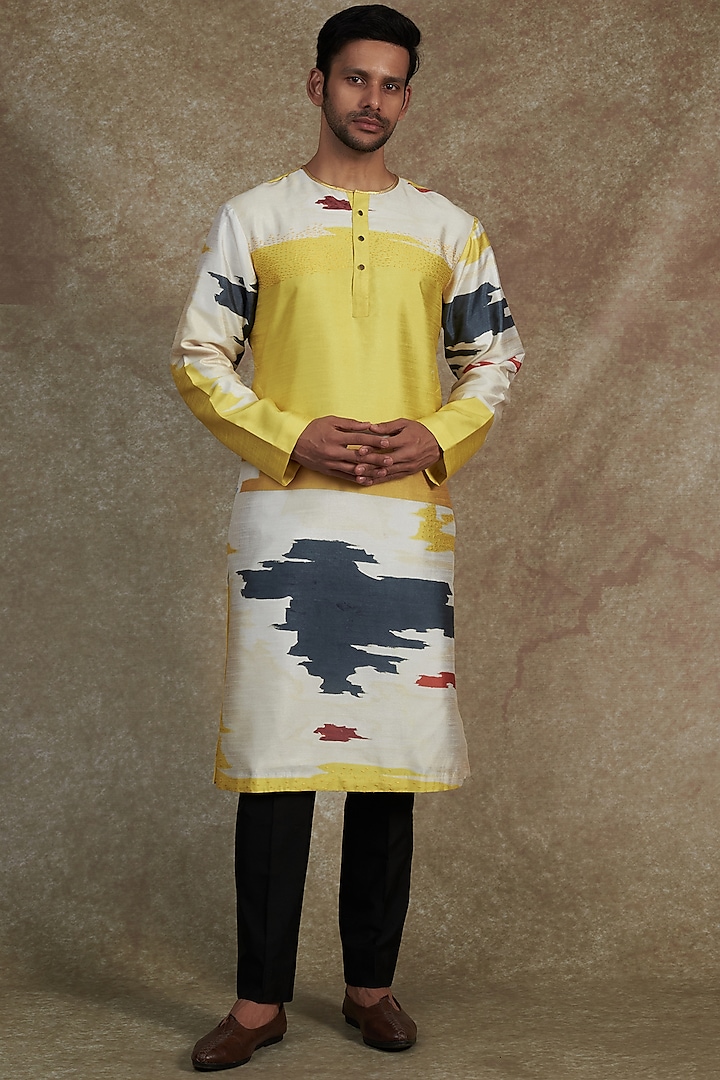 Yellow & White Silk Dupion Printed Kurta by Saksham and Neharicka Men