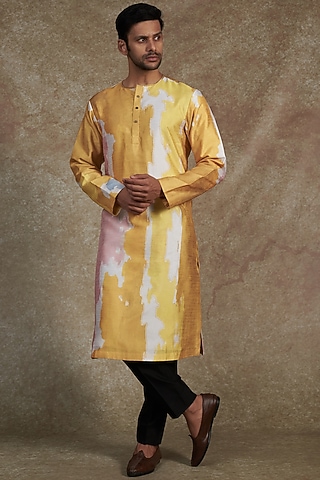 Yellow Silk Dupion Printed & Embroidered Kurta by Saksham and Neharicka Men