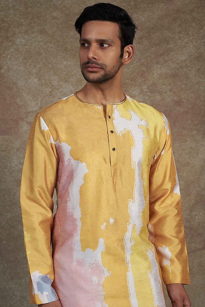 Yellow Silk Dupion Printed & Embroidered Kurta by Saksham and Neharicka Men at Pernia's Pop Up Shop