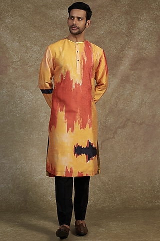Ochre & Tangerine Silk Dupion Printed Kurta by Saksham and Neharicka Men
