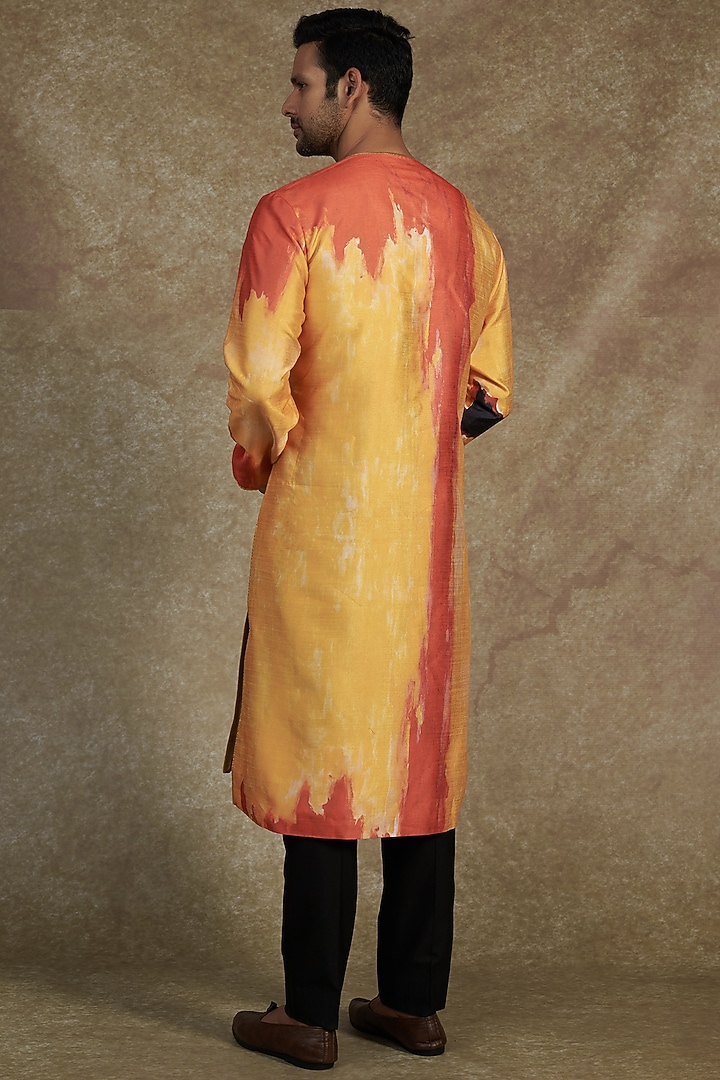 Ochre & Tangerine Silk Dupion Printed Kurta by Saksham and Neharicka Men at Pernia's Pop Up Shop