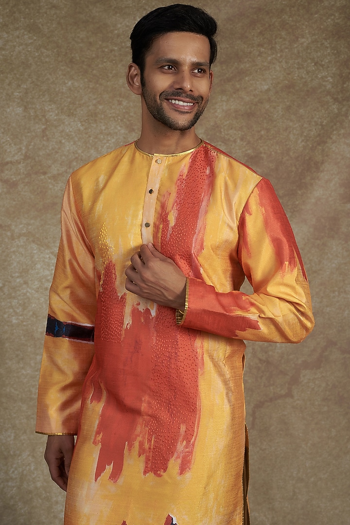 Ochre & Tangerine Silk Dupion Printed Kurta by Saksham and Neharicka Men at Pernia's Pop Up Shop