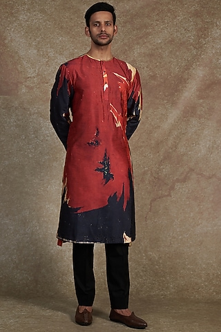 Red & Black Silk Dupion Printed Kurta by Saksham and Neharicka Men