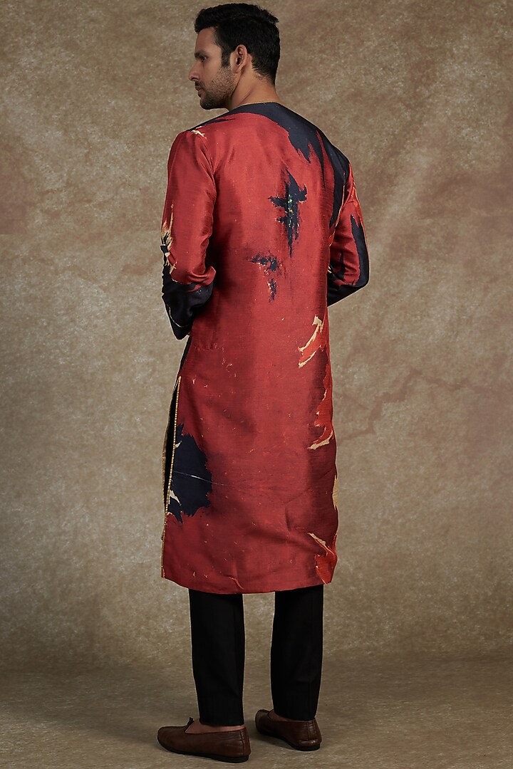 Red & Black Silk Dupion Printed Kurta by Saksham and Neharicka Men at Pernia's Pop Up Shop