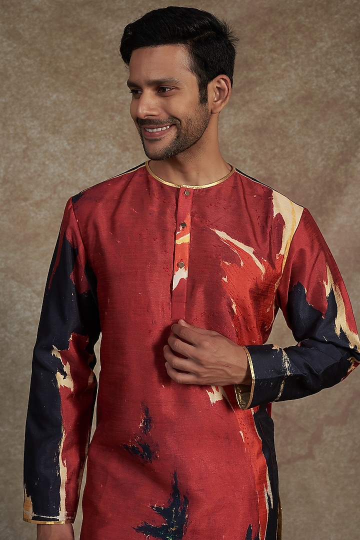 Red & Black Silk Dupion Printed Kurta by Saksham and Neharicka Men at Pernia's Pop Up Shop