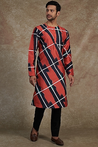 Red & Black Silk Dupion Printed Kurta by Saksham and Neharicka Men