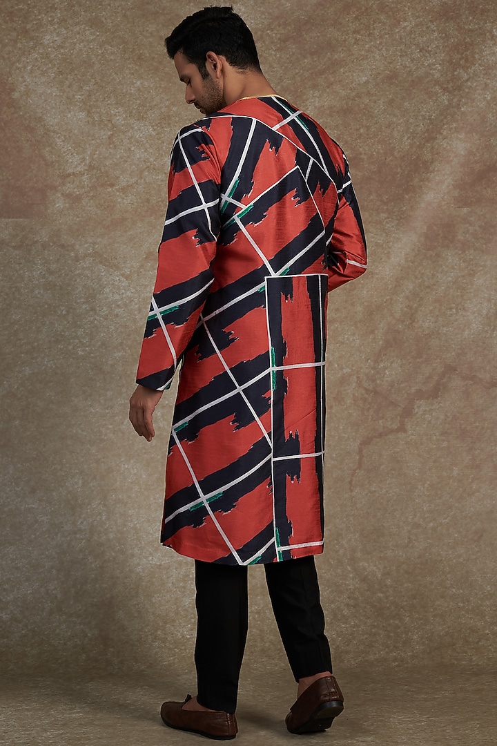 Red & Black Silk Dupion Printed Kurta by Saksham and Neharicka Men at Pernia's Pop Up Shop