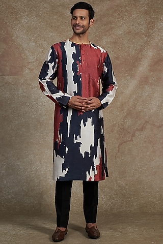 Multi-Colored Silk Dupion Printed & Embroidered Kurta by Saksham and Neharicka Men